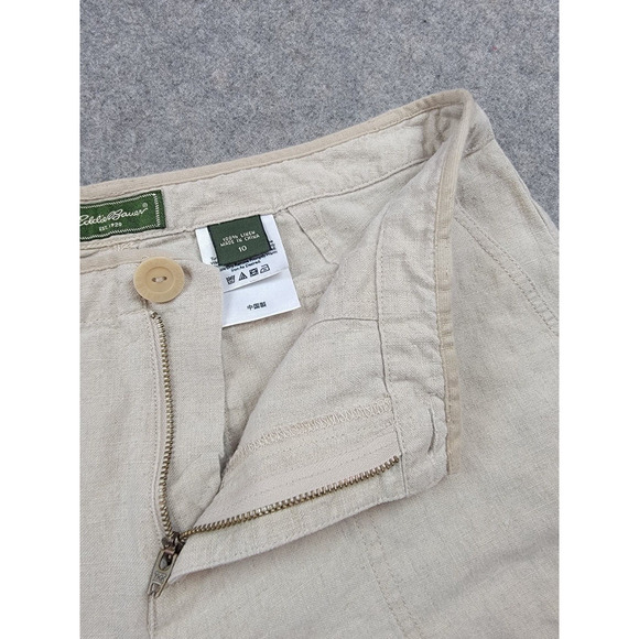 Eddie Bauer Pants Womens 10 Beige Brown Crop 100% Linen Casual Beach Vacation - Picture 5 of 16